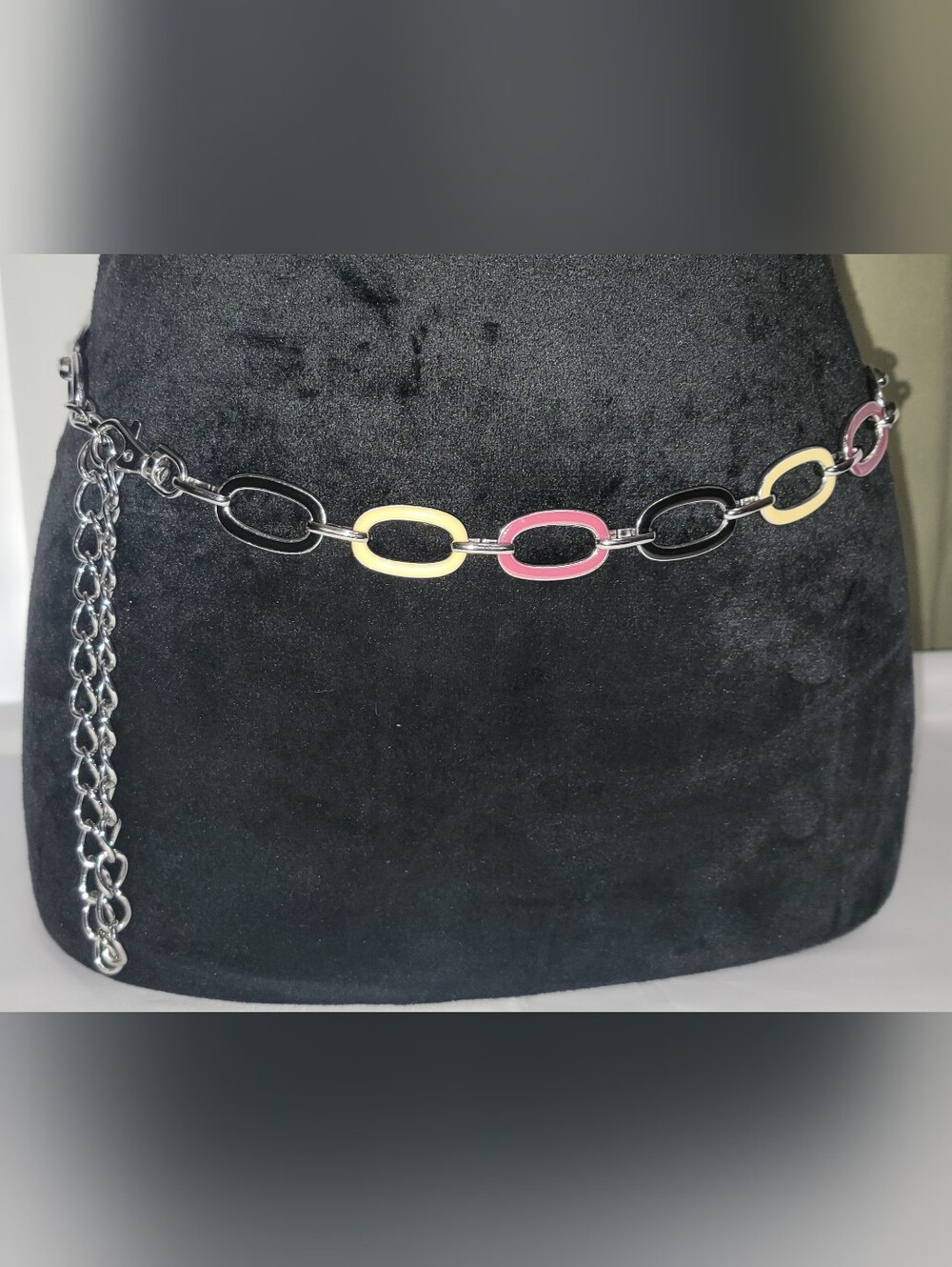 Pink, Black & Cream Oval Link Chain Belt with Silver Hardware